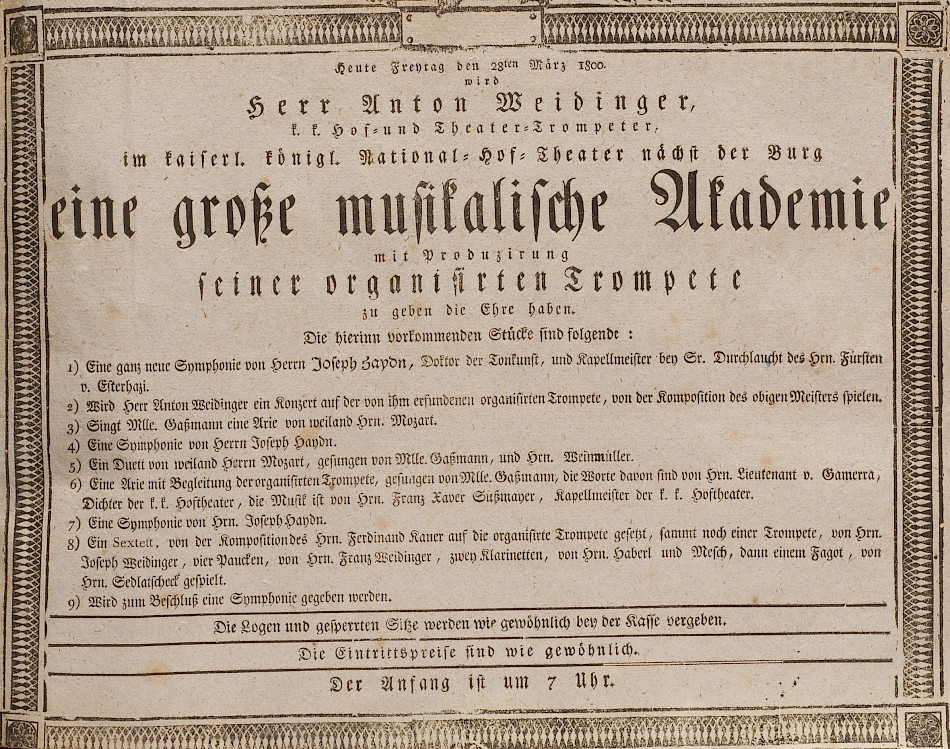 Concert poster for Anton Weidinger’s “Academy with a performance of his invented trumpet” of 28 March 1800. Haydn’s Trumpet Concerto was the second work on this long programme.